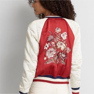 AEO Embroidered Satin Bomber Jacket Quilted Sleeve